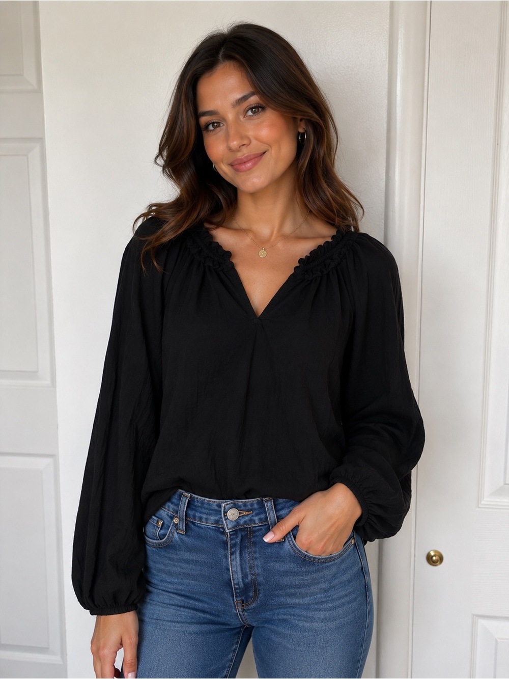 OLD NAVY Black Long Sleeve Peasant Top